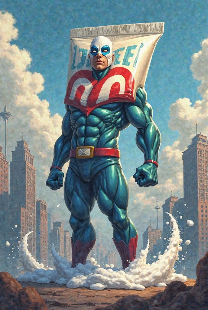 Wall painting covering one entire wall of a 12 story apartment building, showing an obese Captain America.