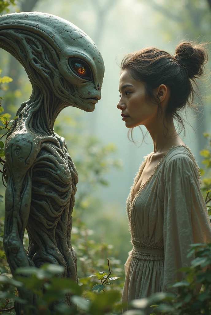 An unidentified being speaking realistically in a forest.