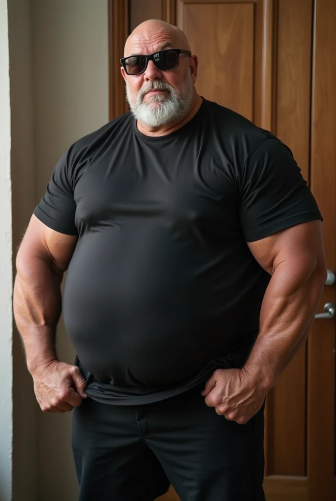 (best quality,4k,8k,highres,masterpiece:1.2), age 60, white man sergeant , horny disgusting, muscular chubby, kind, shirtless, mature daddy, Dress Pants with big bulge, hairy chest hard nipple, belt, loafer,