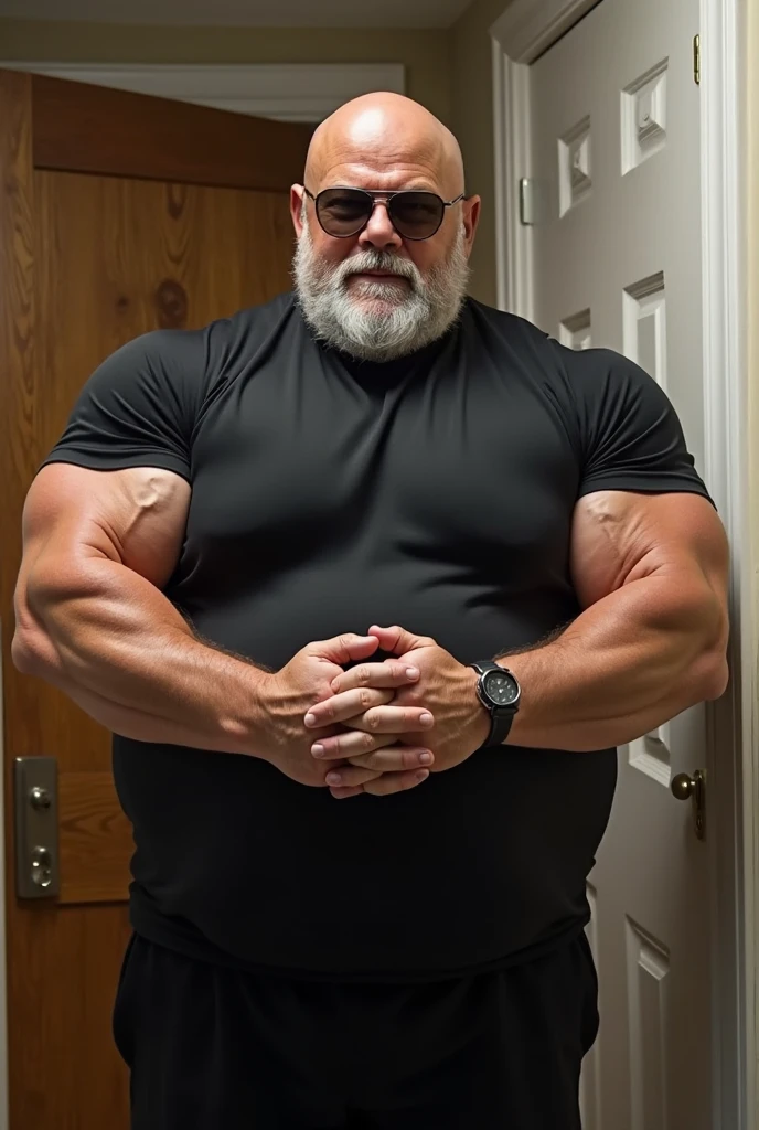 (handsome mature man), (50 yo), white man, wearing black spandex pants, heavy boots(futuristic), leather west, nicebulge, (beefy:1.3), beard, looking at viewer, beautiful man, detailed eyes, symmetric face, smirk, robust, greying hair