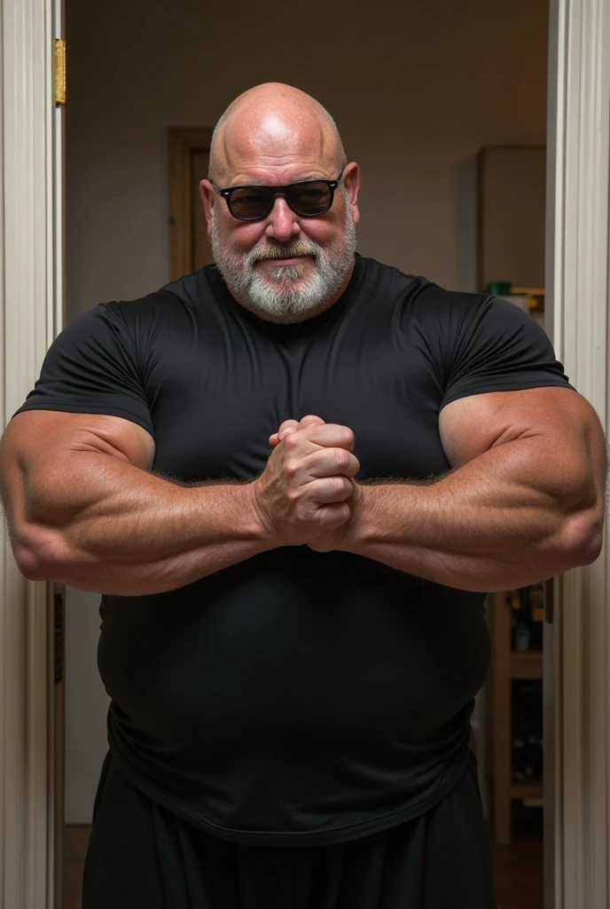 (handsome mature man), (50 yo), white man, wearing wrestling trunks(spandex), shiny spandex, bulge, (beefy:1.3), beard, looking at viewer, beautiful man, detailed eyes, symmetric face, smirk, robust, greying hair, in a locker room, crotch in focus, nice bulge, nicebulge, big bulging crotch,