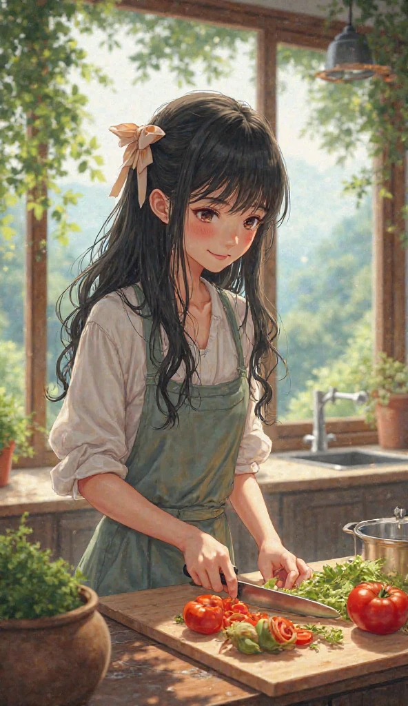 She is an 11-year-old girl, black hair, long hair, honey-colored eyes, warm eyes, tender eyes, smile, happiness, tranquility, peace. He lives in a house in the forest, forest and trees, lots of flowers, blue sky, sun. radiant. He lives with his grandmother. He has fun with his grandmother. He helps in the kitchen with his grandmother. he likes to cook