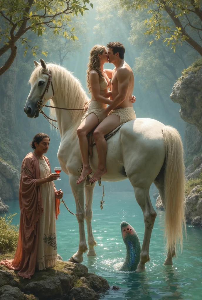 on the beach, 5 small full body, naked, naked woman lie on ground, small man riding white horse white looking back, white feather cloak, shield, bow, sword, female greek god, white hair, masculine, mature, naked, hairy torso, fantasy, intricate, elegant, highly detailed, digital painting, artstation, concept art, smooth, sharp focus, illustration, art by gaston bussiere and alphonse mucha, almost naked