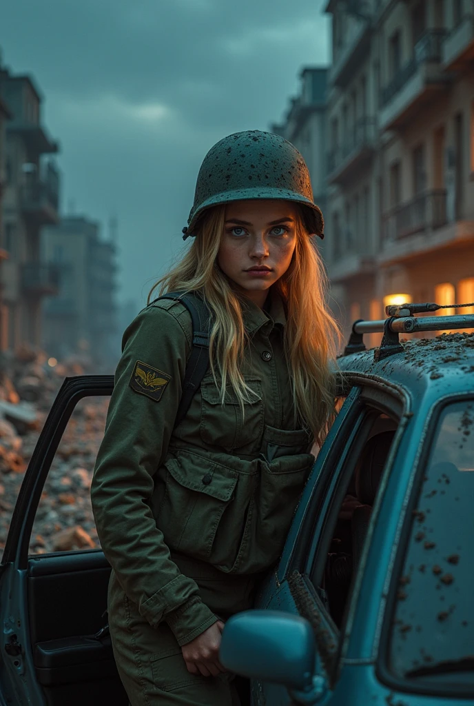 masterpiece, best quality, Bubbles, blue dress, blonde pigtails, pretty face, insanely detailed eyes, intense look, fighting pose, destroyed city, distant fires, rising smoke, 