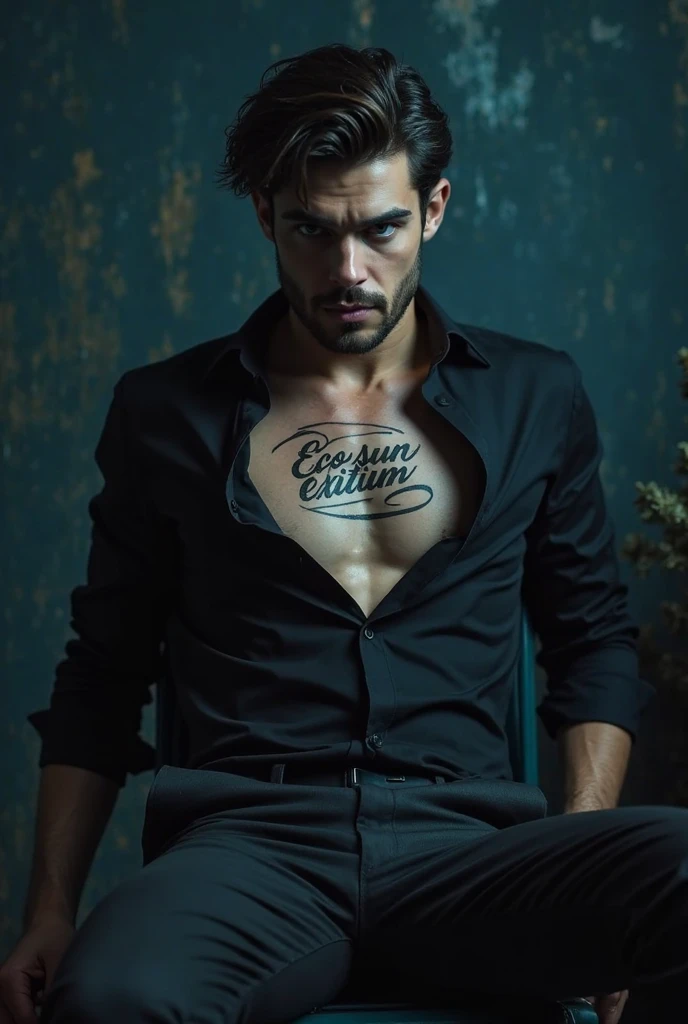 homem musculoso, sem camisa, wearing jeans, corpo definido, masculine features, cabelo escuro, tattooed with the symbol of sin in Chinese