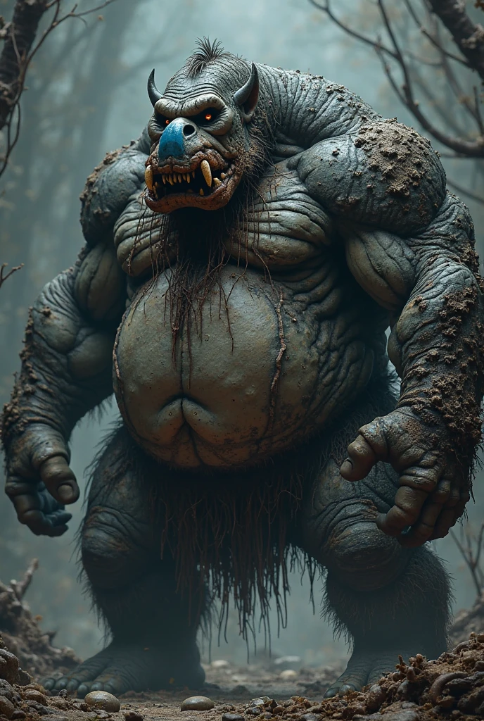 Make a monster, he is , fat, long and black hair, green eyes