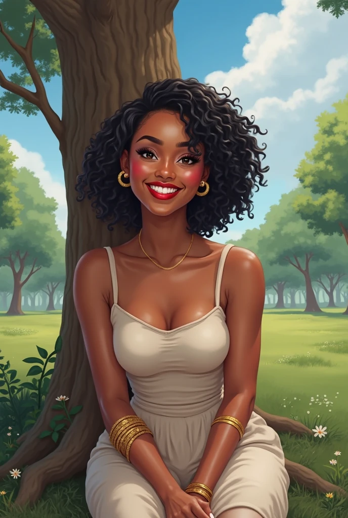 ((best quality)), ((artwork)), (detailed), 1Create an image of a young black woman, around 24 years old, named Amara Thompson. She has an oval face with delicate features and a captivating smile. Her hair is curly and natural, styled in long braids that frame her face. His eyes are large and light brown, expressive and full of curiosity. Your skin has a warm chocolate tone. Amara is wearing a casual yet elegant floral dress with a denim jacket over it. She wears white sneakers and a necklace with a discreet pendant. The scene takes place in a sunny park, where she is sitting on a picnic with friends, surrounded by trees and flowers.