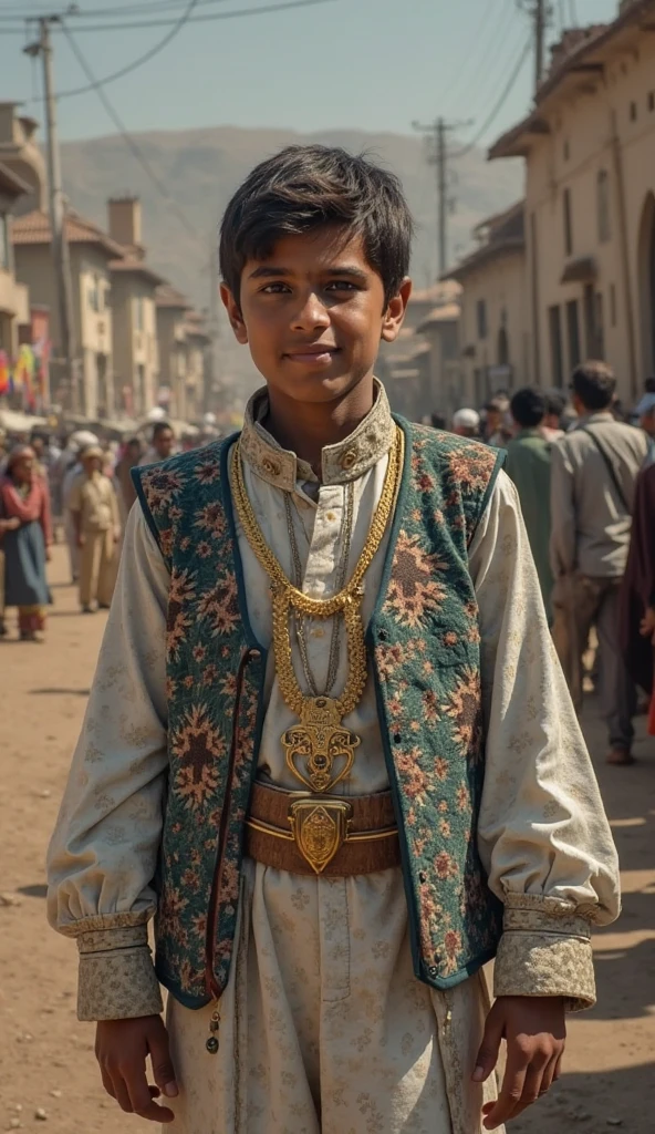 A young boy of 30 years wearing good clothes of a old empire facing in front (poor) 