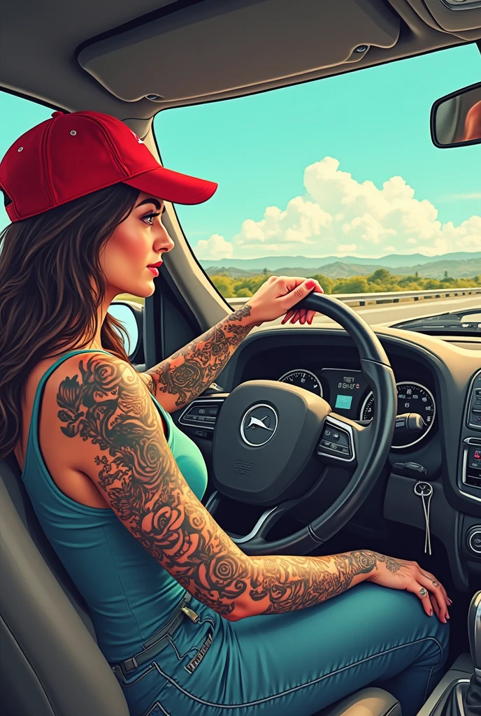 Illustrate a driver on the highway picking up a woman with lots of tattoos and a red hat