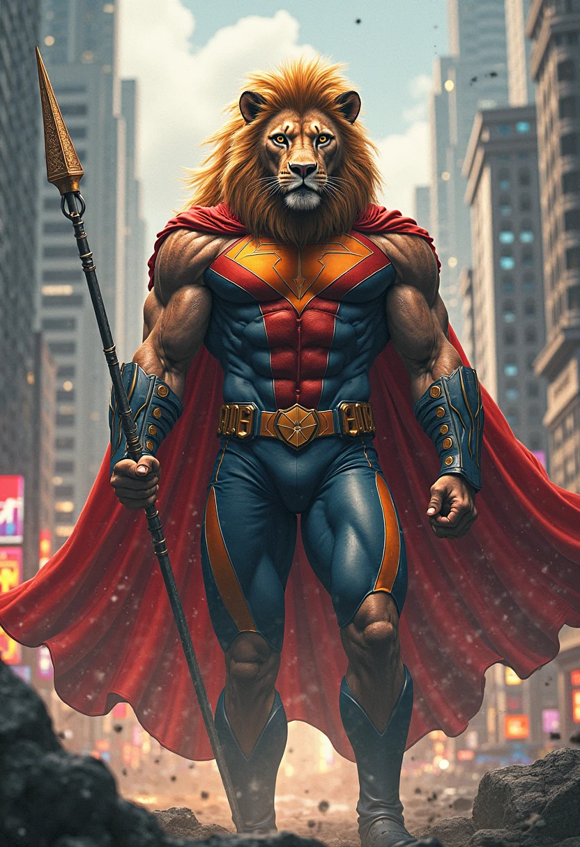 Furry lion with superhero body, naked, use superhero boots, superhero mask, superhero underwear