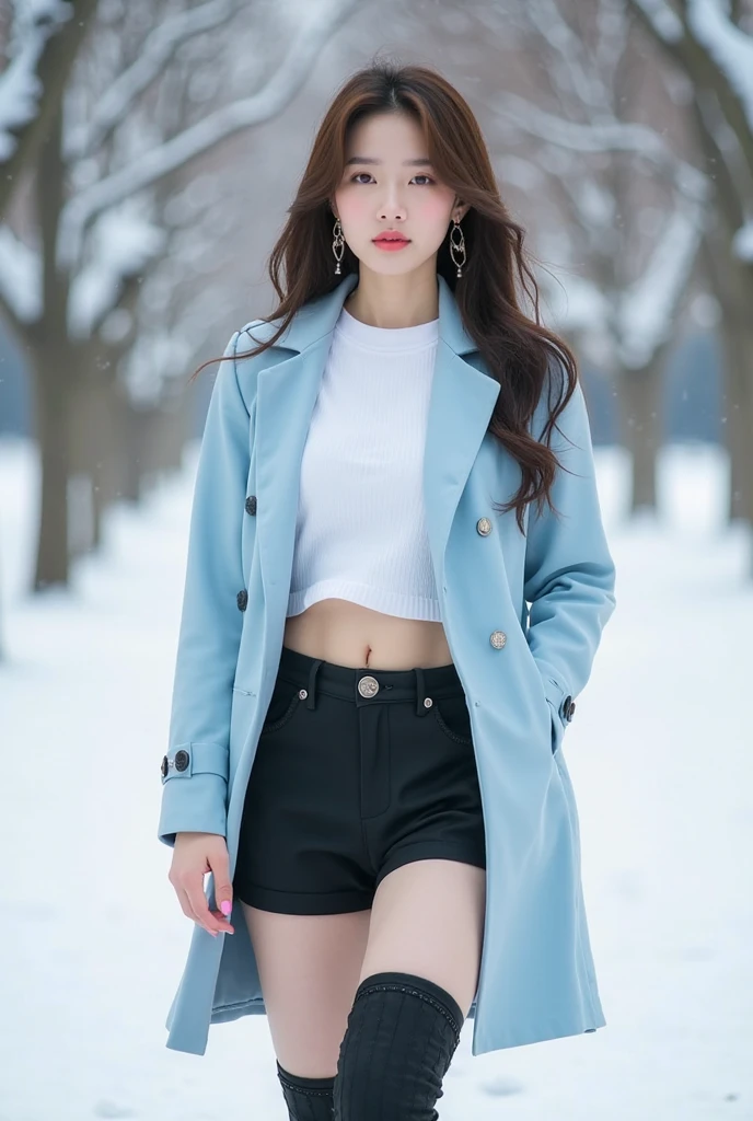 best quality, 4k, 8k, Detailed faces, clear face, pretty girls, Korean makeup, Red lips, laugh, perfect body, big breasts, thigh, The girl wears a long and wide coat, Underneath the jacket was a toptube and tight short shorts, lower abdomen, Snowscape, winter, street,