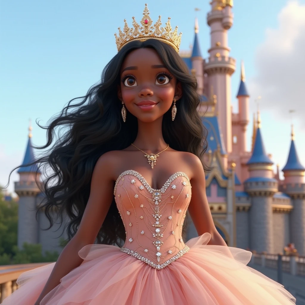Cinderella, but with glowing brown skin( with highlights in hair) with curly hair in the Disney Pixar style, Surprise me