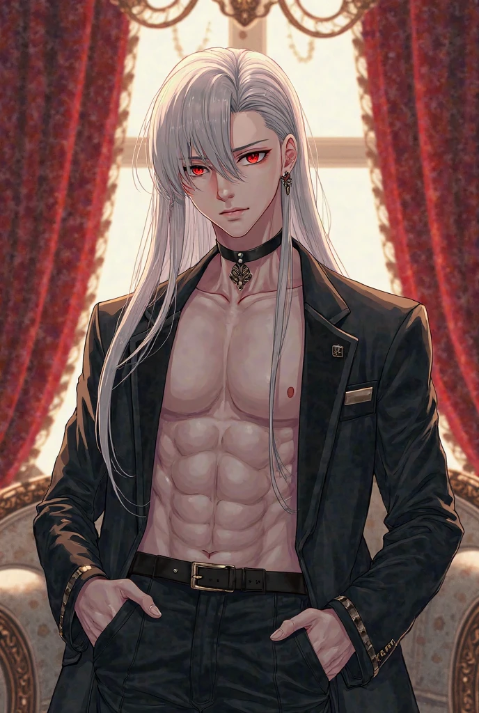 man, masculine, masculine face, attractive, muscular, ((1man)), masterpiece, absurdres, best quality ,intricate details , (shiny skin, shiny body, shiny oily luster skin, shiny hair, pale skintone), Sundown, attractive, ((muscular)), adult, one, ((open chest)), ((no blouse)), earrings, black pants, Don't look at the view , Not looking at the view, purple blue long hair, perfect detailed face, perfect detailed hands, vampire, silver gray eyes, ((MLS)), medium large shoot