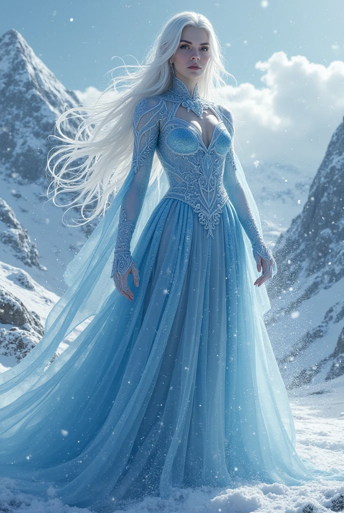 fantasy, snowy scenery, snow queen, ice crown and jewellery, dress made of snow and ice, menacing ice gaze, queen in the foreground, whole figure visible, in the background in the background you can see the ice castle and the surrounding snowy and cold world