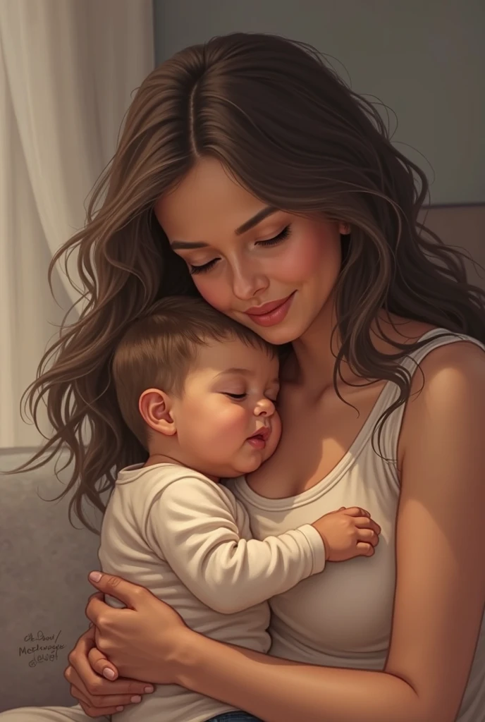 Woman with brown hair and brown eyes holding a baby with green eyes and brown hair
