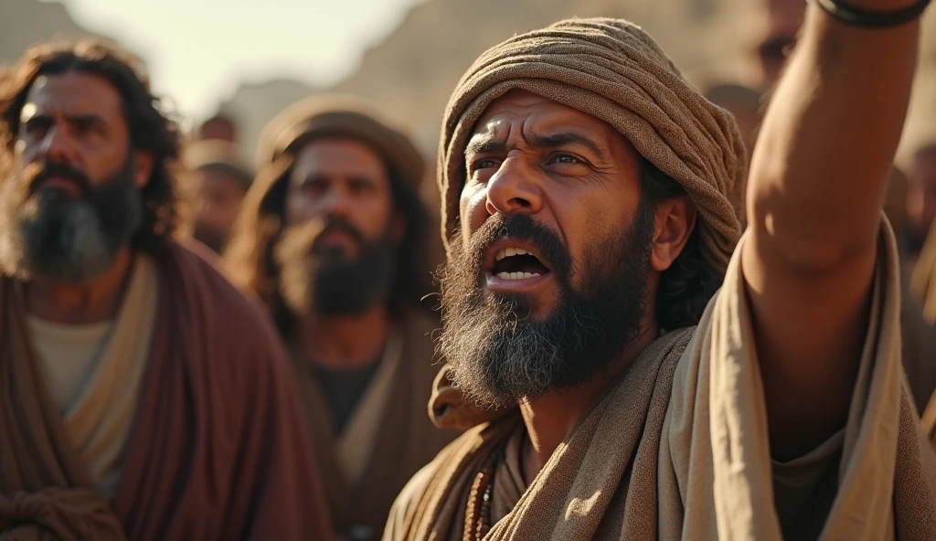 Ancient persia farm. Angry rich man yelling with anger at poor man farmer crying.