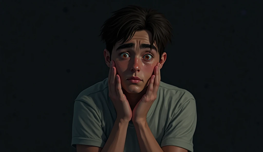 He is talking with his mouth open He is worried Somewhat scared He yells at someone to stop