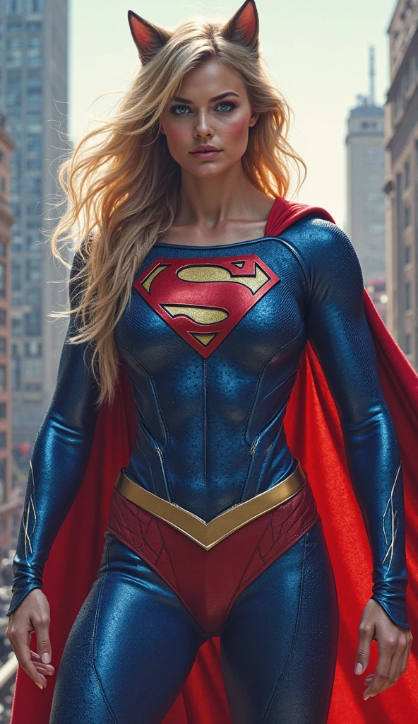 A beautiful woman with long blonde hair wearing the costume of Kryptonian Kara Zor-El aka Supergirl. Blue and red leather jacket, red corset with Superman emblem on her chest, black leather pants, red knee-high boots. 