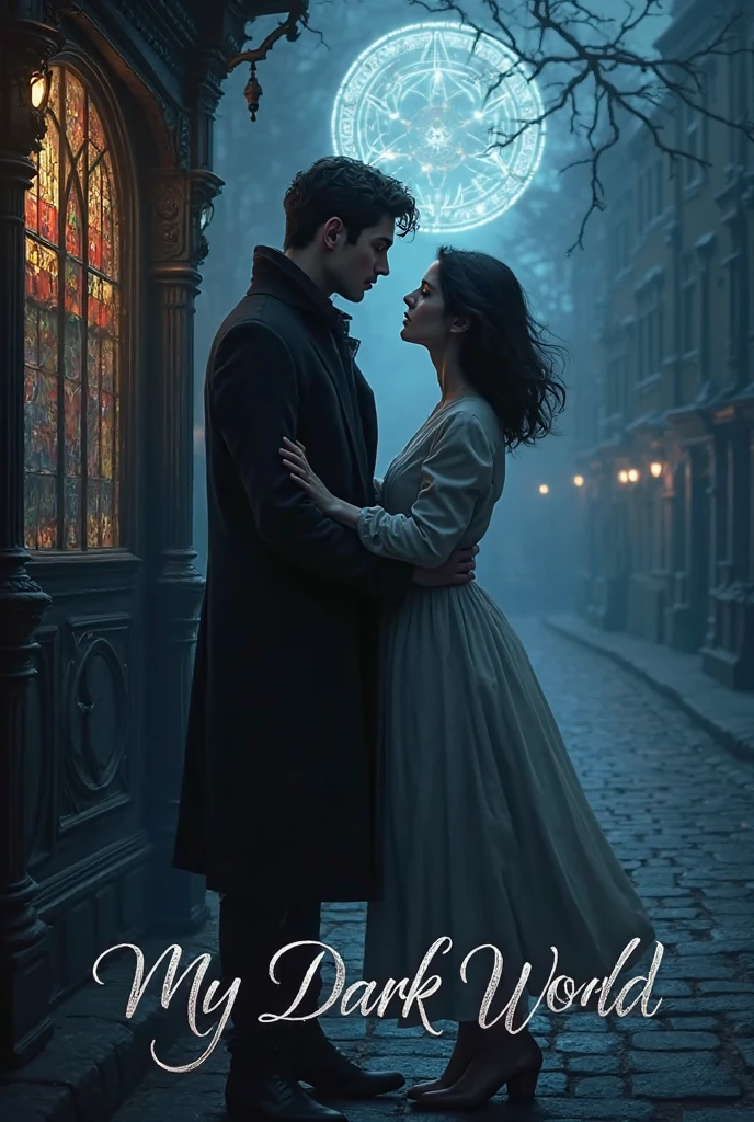 Create an image of a handsome male vampire, elegantly dressed in a tailored black coat with a high collar, biting gently on the graceful curve of the neck of a woman with long, dark, flowing hair. The woman wears a vintage lace dress, its delicate fabric contrasting with the night. They stand in a dimly lit alleyway, illuminated only by the faint glow of a distant gas lamp, casting an eerie yet mesmerizing atmosphere. The vampire's eyes radiate both intensity and longing, capturing the essence of this mysterious and intimate moment in the dark streets of London.