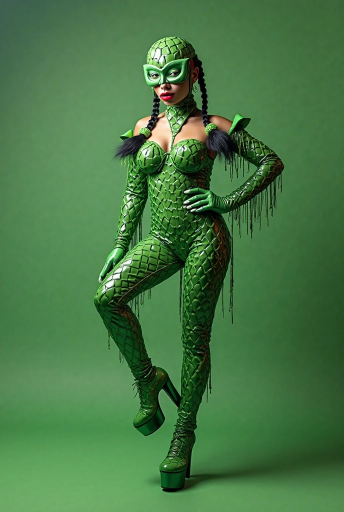 bald African goddess, dressed as the Hellraiser character, leather bodice, green crocodile eyes, bare legs, serious face, large and bright white and yellow moons, crucifixes thrown on the old wooden floor stained with red paint, antique furniture, streams of light, intricate image, haunted house, white people chained in a sinistic and old tree, full body image, Predominance of colors black, brown, beige, gray, red, wine, burgundy, moss green, military green, bush green, metallic, super light pink, super light lime green, mustard, navy blue, coral, honey, black, purple, lilac, best quality, masterpiece, high resolution, 8k, hyper-realistic image, professional photo, realistic image, full body view, bottom-up angles
