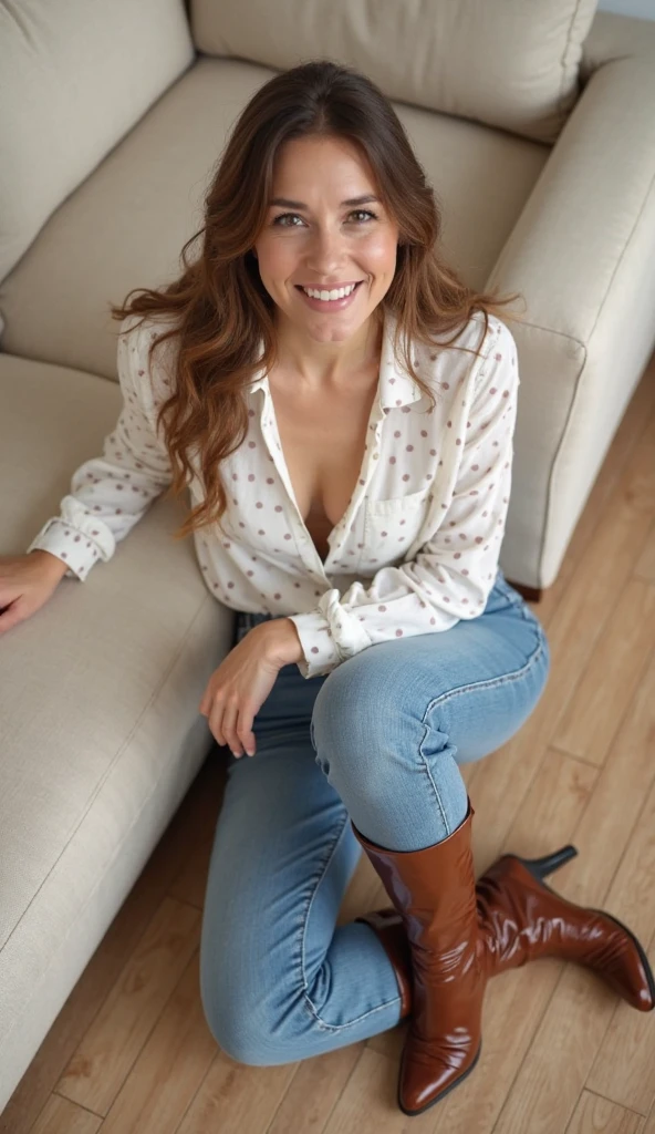 Italian girl 25 years old, beautiful, wonderful, sitting cross-legged, on the train in Paris, alone, 1 girl, real, very high resolution, 16k, sexy short jean shorts, luxury, fabulous body, gorgeous model, sexy blouse, lipstick redhead, sensual, sexy, earrings, elegant blouse, beautiful smile, teeth, while laughing