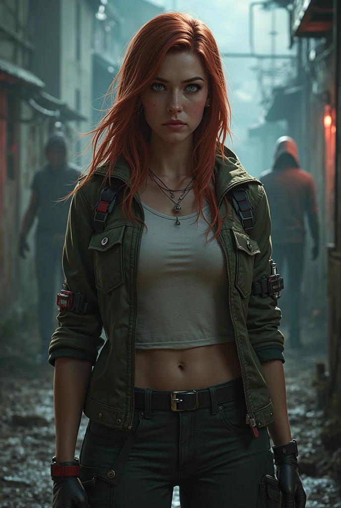 very detailed, 16K high resolution, incredibly detailed image, cinematic, best quality, masterpiece, realistic, detailed face, detailed background, dramatic lighting, A girl, 2, she is alone, beautiful, natural ginger hair, straggly and messy wavy hair. Extremely detailed facial expressions with sharp and piercing green eyes. A delicate, slightly cheeky face, subtly made up. ((She is tattooed and pierced, large tubes in her ears.)), She has (very small breasts) and a slim figure, in good shape. Dark lighting conditions, the world is destroyed after a war (end-time mood like in Mad Max). She is in an old destroyed city. Flames and clouds of smoke in the background. She wears worn-out clothes consisting of a torn black, cropped hoodie top, a broken miniskirt and dusty ankle-high boots. The outfit is similar to Jinx in Arcane. She has a belt around her waist. There is a crossbow on her back.