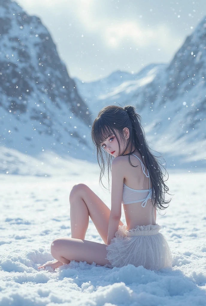 Lying face down naked、photographed from the back、Colossal tits、No panties、toppless、no-bra、No panties、sensual breasts、2 Type B、Nier:2b、hair pin、Hi-Res、Shaded face、short-hair、独奏、Blue eyes、Snow field at sunset、in snow、A slight smil、Ash gray hair、long boots