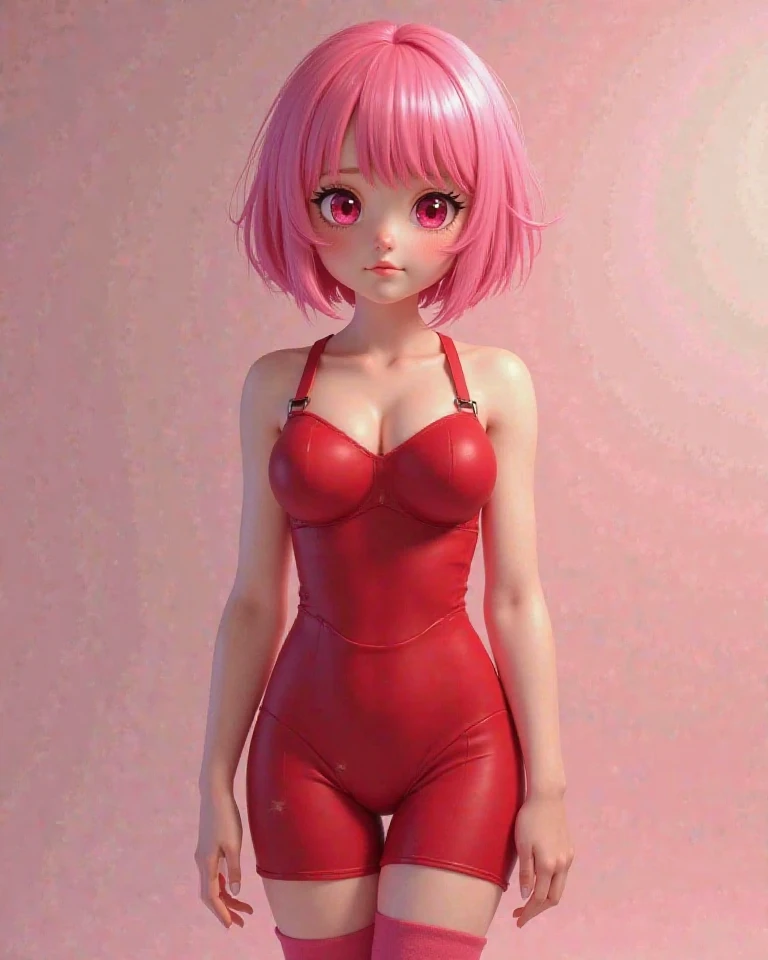 18 year old girl is standing, touching her chest, a photorealistic cute ballerina, beautiful face, anguished face,blue eys, averting your eyes, European face, Short-cut pink hair, portrait of upper body up to the knee,extra shiny long sleeve leotard,tight-fitting metalic black long sleeve leotard
