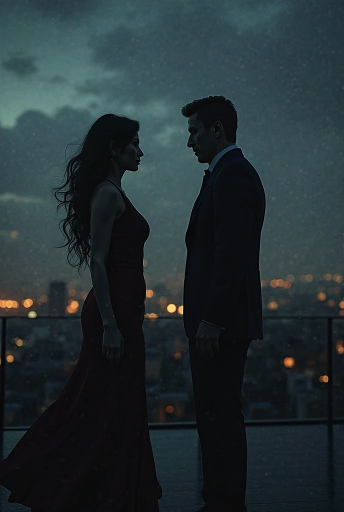 (masterpiece), intimate, high-quality photograph of a (couple:1.2) in the (moonlight:1.1), (dramatic lighting:1.1), romantic, passionate, intricately detailed clothing, city background, Sony Alpha 7R IV camera, digital photograph, f/2.8 lens, warm tones, creamy bokeh, hyper-realistic lifelike texture, trending on social media, Adobe Lightroom