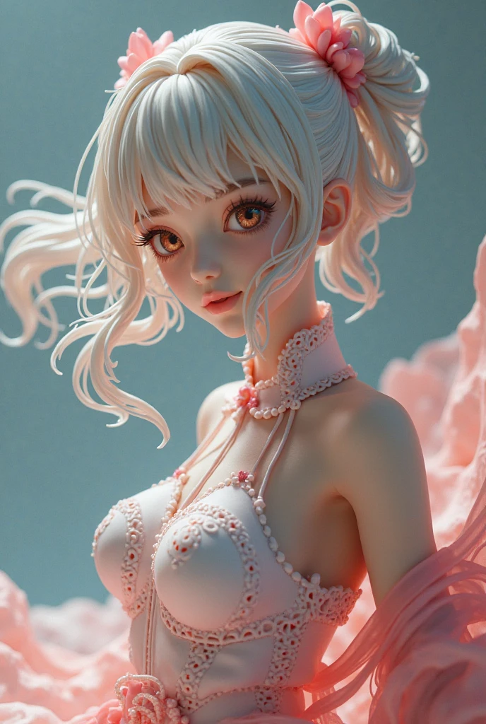Light blue and red color scheme， nipple，little body，Petite，White curly hair, high detail, best quality, supper detail, detail eyes, pink pussy, simple background, 5/6 body