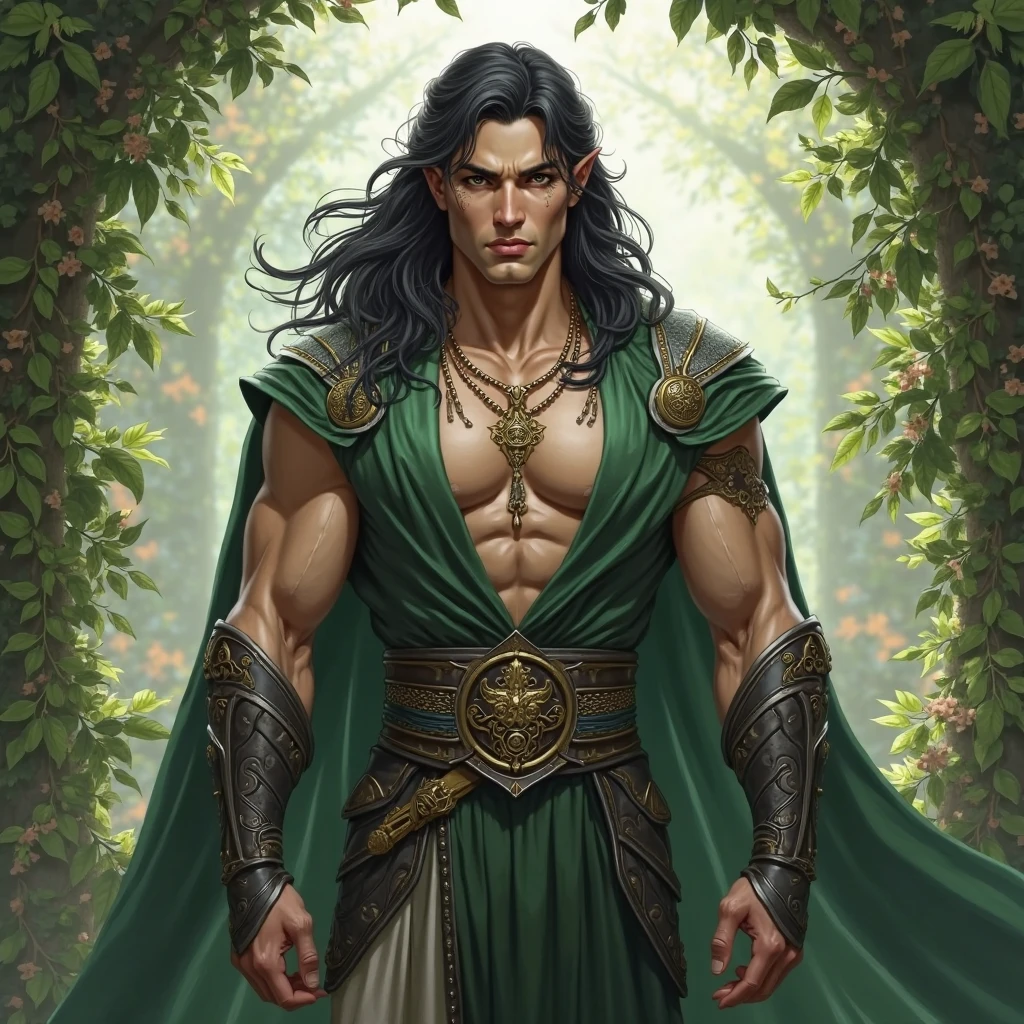 (8k,photorrealistic RAW photograph Maximum quality;1.4) (1 BRAZILIAN BOY) Super handsome king of the underworld (lifelike face) (hair with nature, long hair in the wind ) slenderbody Muscular and macho big emerald green eyes Metallic aristocratic suit with nature Green nature decoration Fangs peeking out of the mouth Pointed claws a seductive gaze Beautiful expression A hyper-realistic (King of the Underworld) appealing (real looking skin) super high resolution high détail Luxury metallic nature pants Aura green leaves in the wind emanating from the body effect nature metal cover