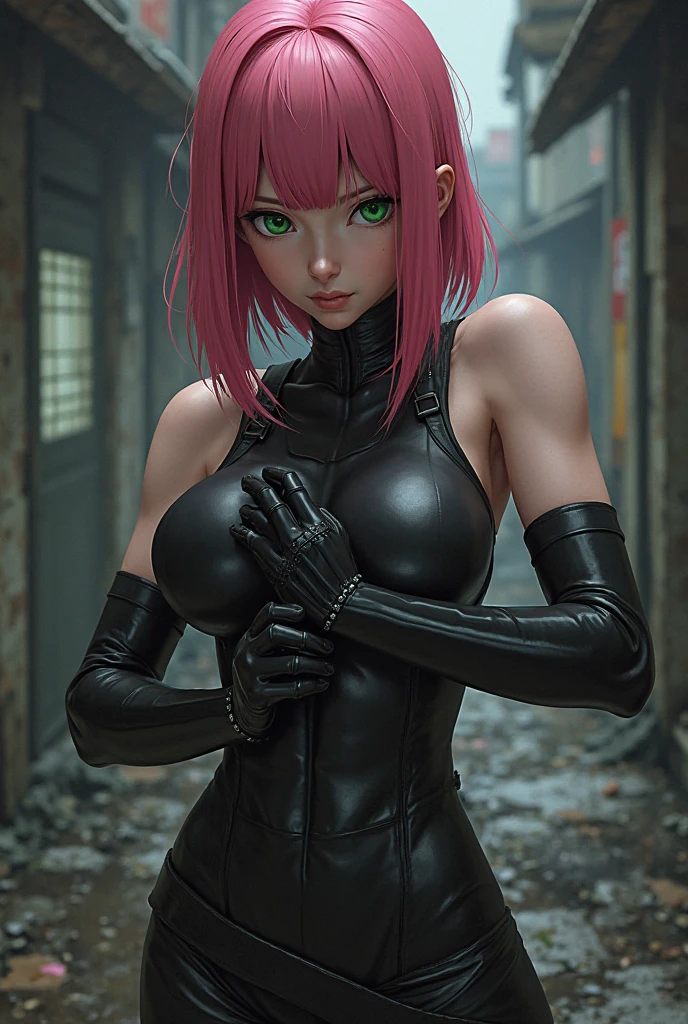 （（（short hair，pink hair，Black leather tights suit，Black leather clothes，Black latex clothing，（（（danya，Sakura,green eyes,bangs,forehead protector, shinobi symbol, ））），（（（wide hips））），S-shaped body:1.7））），((masterpiece)),high resolution, ((Best quality at best))，masterpiece，quality，Best quality，（（（ Exquisite facial features，looking at the audience,There is light in the eyes，lol，confidence ））），（（（Light and shadow interlace，huge ））），（（（Half-length close-up，A close-up half-length photo）））