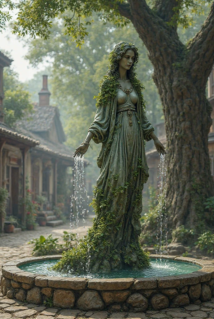 colossal statue of a woman made of drath covered on a plaza, concrete buildings, ivy, bushes, trees,  fog, mist, in the style of Jack Kirby, in the style of alphonse mucha,  <lora:dryearth:1> <lora:EnvyReclaimedBrutalismXL01:1>  reclaimed brutalism <lora:EnvyBetterHiresFixXL01:1>, (masterpiece:1.2), best quality, (hyperdetailed, highest detailed:1.2), high resolution textures