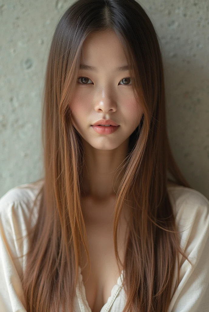 dreamy ambiance, Vintage,Color scheme of old Polaroid cheki photos ,lowkey,Extremely low contrast、studio shoot、From  above、close up of face、(barechested:1.4), realisitic、Photo Real、extremely detailed cute girl、独奏、18year old、japanes、Melancholy look, large full breasts、Brown hair、Hairstyle Random, out of focus、blur、