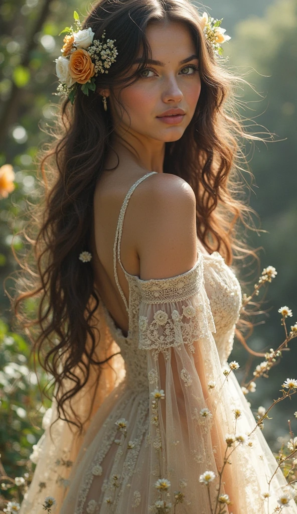 a beautiful young woman, detailed facial features, long hair, elegant dress, serene expression, natural outdoor setting, sunset, vibrant colors,  photorealistic, studio lighting, ethereal atmosphere, masterpiece