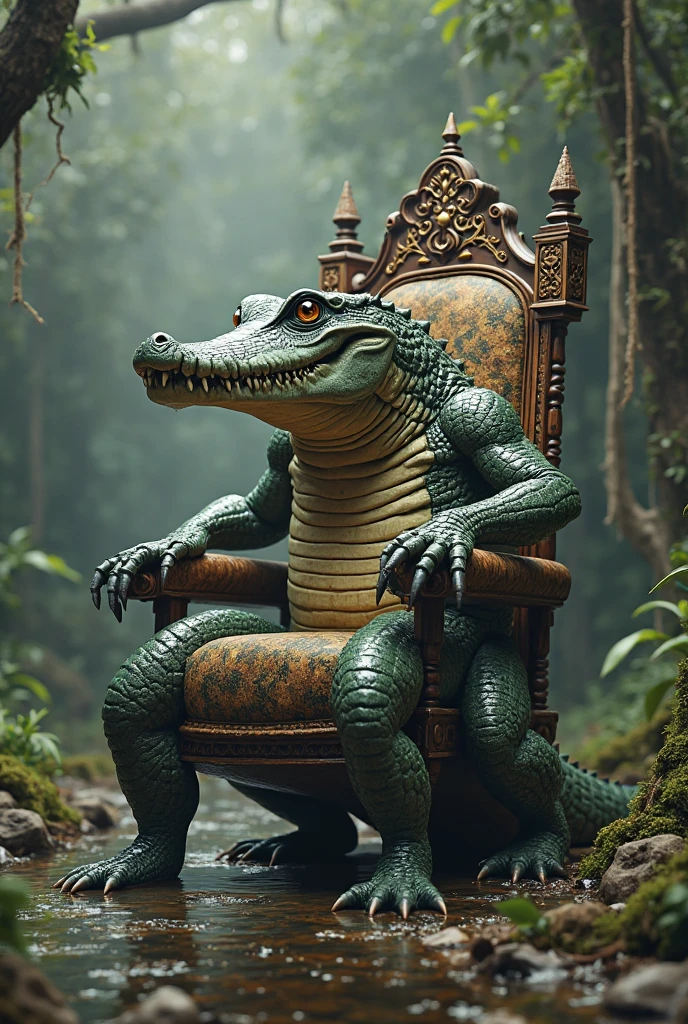 A half-human crocodile fighter wearing a black jiu jitsu kimono, sitting on a throne holding a skull in his hand, around it there is a swamp with several bones
