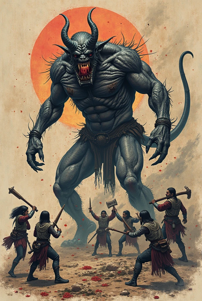 Hell background with group of big monkey with elephant track  red eyes and muscular with sword human are running to be saved many dead bodies lying on ground of hell