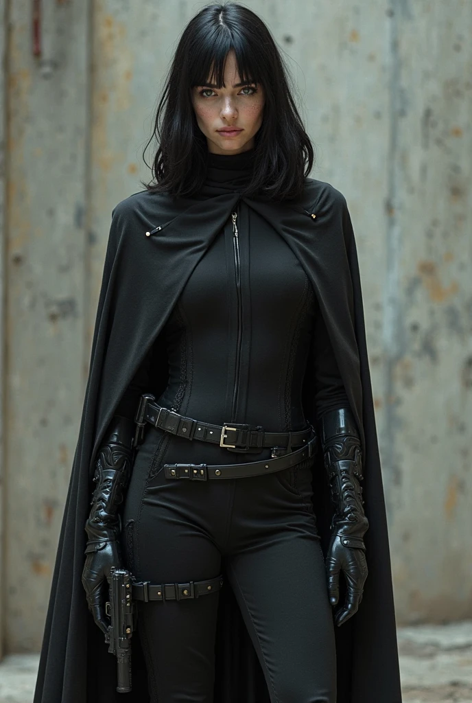 Carrie-Anne Moss with grey-blue eyes als Domina im Lack-Outfit und roten extrem hohen Overknee-Stiefeln, full body visible, Industrieller Hintergrund