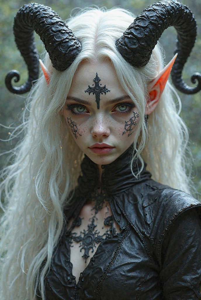 A demon women with long white hair, with horns.