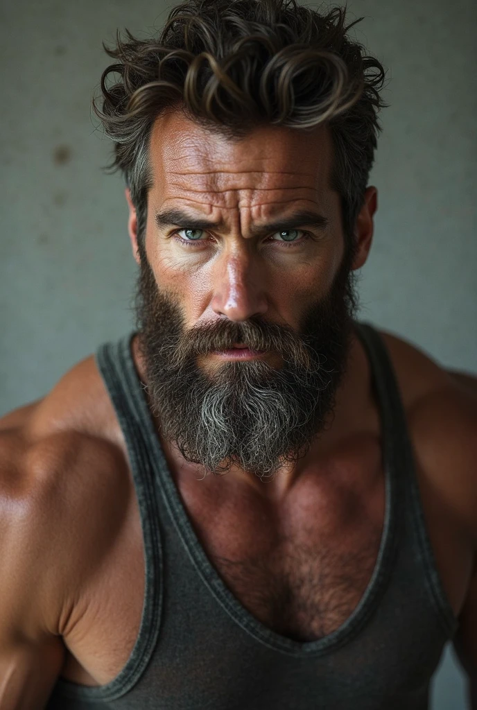 best quality,(masterpiece:1.3),ultra-detailed,solo:1.3,,Men's short hair,Beard, wrinkles, gentlemen,,powerful_and_cool_and_wild:1.5, men's_posing,,rough,rugged,boorish,rude,wild and woolly,,looking at viewer,