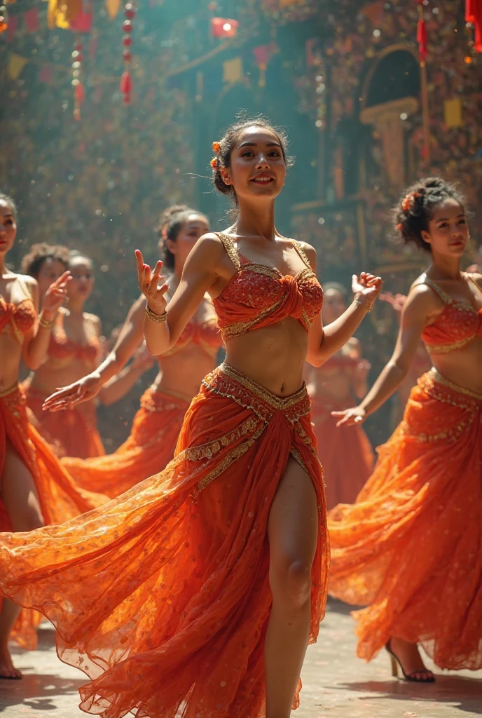 (masterpiece, best quality:1.2), 1girl, solo, Indian folk dress, traditional dress , full body , big , deep cleavage , naval , nude