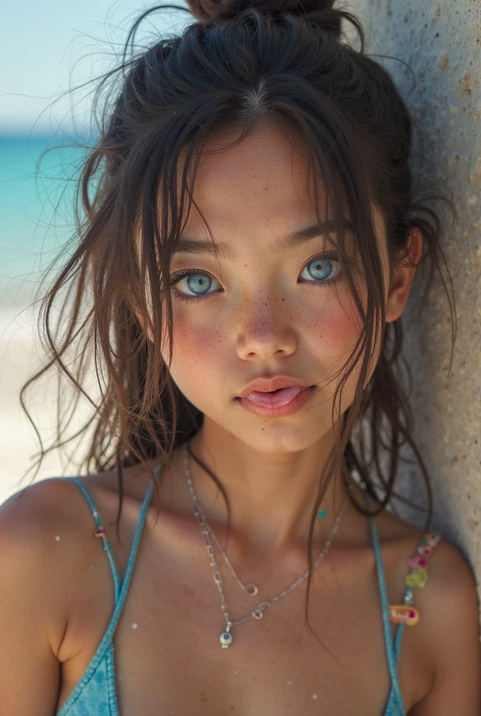 Masterpiece, Hyperrealistic, 8k, HDR, RAW), ((Natural illumination)), sunny illumination, white illumination, ((Pretty girl)), American girl, cute girl, ((Tanned skin)), ((Brown bangs)), ((Blue eyes)), ((Animal print swimsuit)), ((Young face)), ((In the beach)), ((Playing with sand)), ((Amazing slim body)), cute face, (blush), big eyes, perfect anatomy