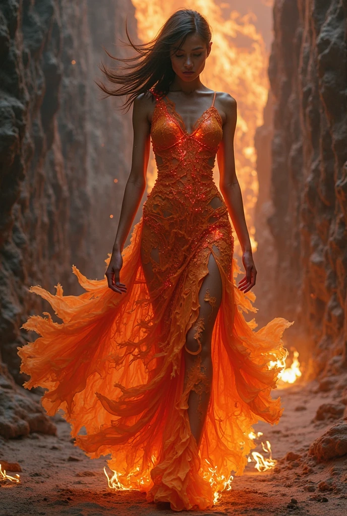A fire sprite (cute woman, patches of flame dance on her skin, sheer flaming dress very revealing, light red skin, deep red eyes, flame hair), seductive graceful dance, setting woods aflame