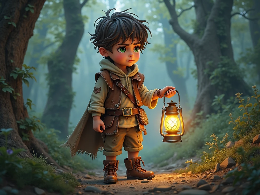 small village, dense forest, boy named Lucas, special connection with nature, curious eyes, explore the forest, shiny bottle, magical message, Chosen Guardian, responsibility, sustainability, care for the environment. intricate, elegant, highly detailed, digital painting, artstation, concept art, sharp focus, illustration, by justin gerard and artgerm, 8 k --auto --s2
