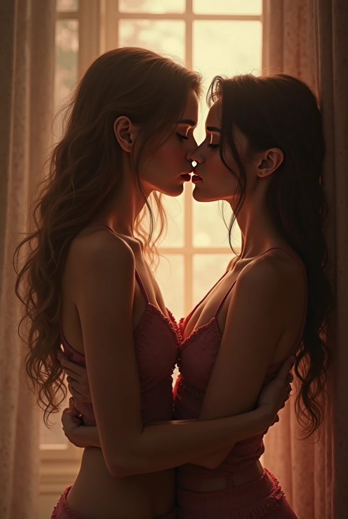  Women kissing in short skirts , LARGE BREASTS