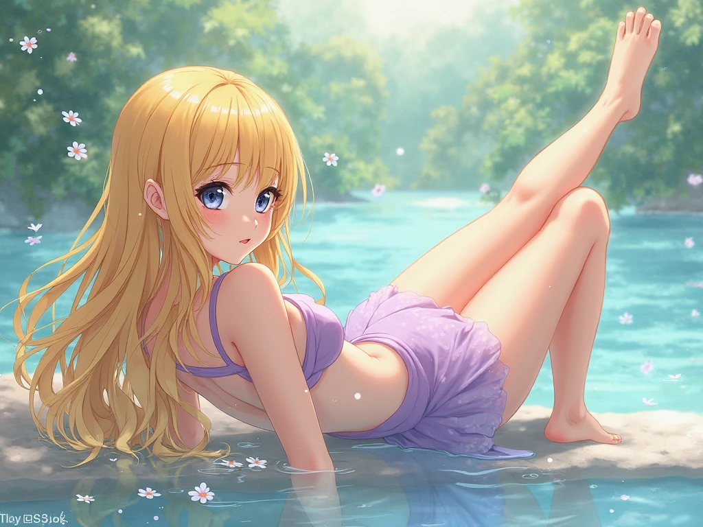 fantasy world; Bright colors, Indescribably sweet, Cartoon style, Style Fairy Tale; Charming graceful elf, in full height, in a tiny translucent petal bikini, wet through and through, Dancing in the rain, barely touching the ground with your feet;, Wet long hair splashes water, humid, humid, sparkly skin, Graceful pirouettes, Plastic movements, Playful mood, joyful smile, eye shine; A magical forest; The rain is clearly visible; oblique rays of the sun; A rainbow is visible in the distance; The background is slightly blurred; high quality textures, higly detailed, realistness