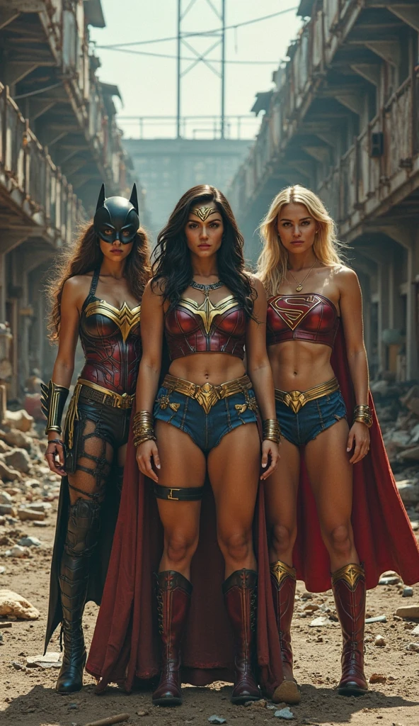 nsfw
3superheroines
3 beautiful sexy cosplay models wearing barely-there bondage-harness micro-cameltoe-bikini-costumes and heels standing side by side, full body view
wonder woman
supergirl
powergirl
supergirl should be the youngest, barely 18 insecure shy introverted wearing intense revealing red micropanties
wonder woman should be voluptuous and extroverted
powergirl should be full breasted and look like margot robbie
cameltoe, pussy-thong, pussy-wedgie, shaved smooth pussy
hair blowing in the wind, ultra-pornstar make up
in desolate collapsed building concrete debris and rubble, dynamic pose ready for battle, huge explosions and fire in the background, low-angle shot, wide-angle shot, handheld shot, dramatic angle, extreme angle shot