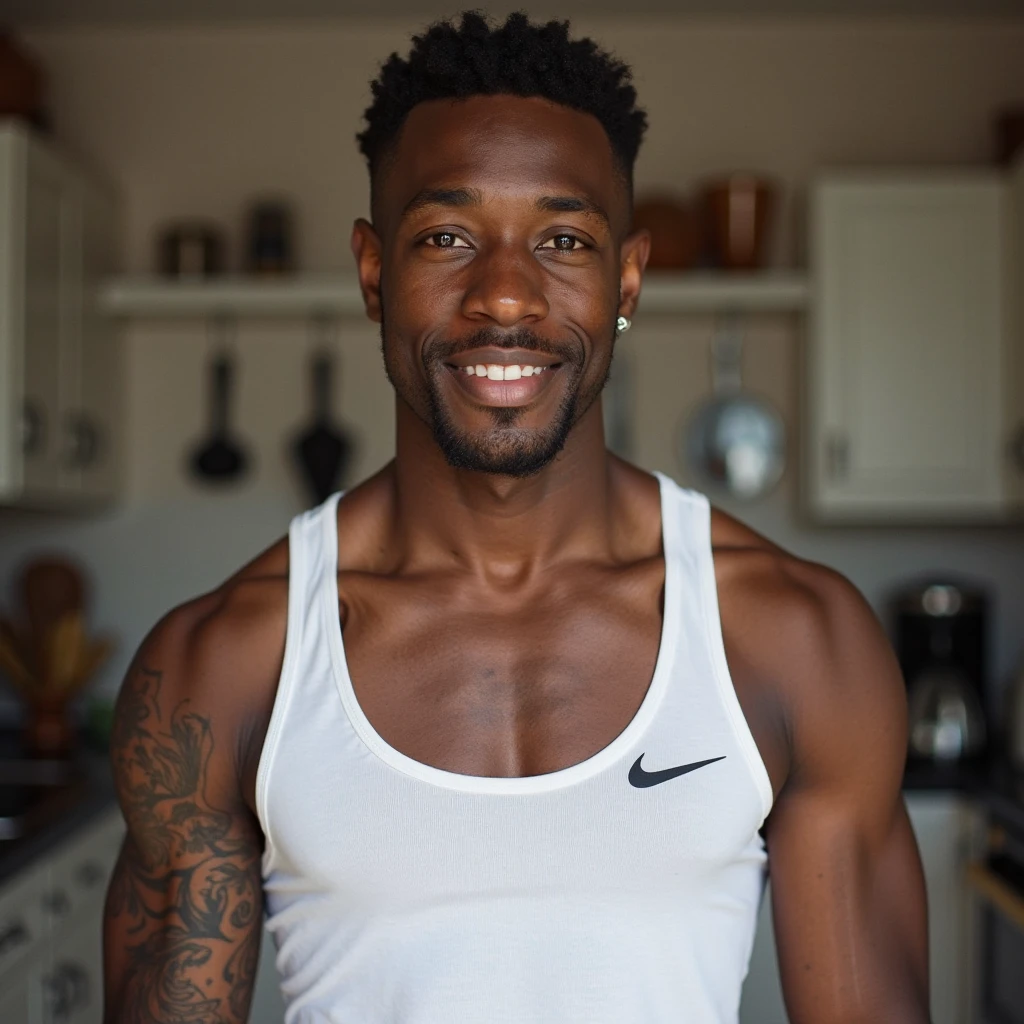 best quality, masterpiece, highres, 1 black man, white cooking apron, toque, shirtless, pretty face,upon_Body, Tyndall effect, photorealestic, country house kitchen, holds a tray with a roast in both arms, two tone lighting,(highly detailed skin:1.2), 8K UHD, dslr, Soft lighting, good quality, volumetric lightning, open, photoshot, High resolution, 4K, 8k, bokeh, black hair