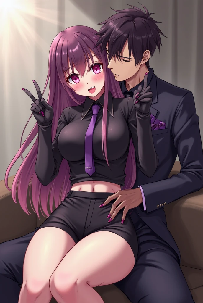 Couple, (1 boy and 1 girl), (1 boy) anime character, long Purple hair, purple eyes, black eyes, tall, wearing a short-sleeved violet shirt, black trousers, short open purple jacket with black sleeves, brown sandal boots with white socks, handsome, purple hair, (1 girl) anime girl with fox ears and tail, anime moe artstyle, seductive anime girl, wearing dark purple bodysuit under a short lavender kimono, sexy anime 8K, purple hair with black highlights, purple eyes, light purple zipper, purple high thighs stockings, sexy anime girl, large boobs, pretty anime girl, tits out huge purple fox tail, sleeping with each other under moonlight,