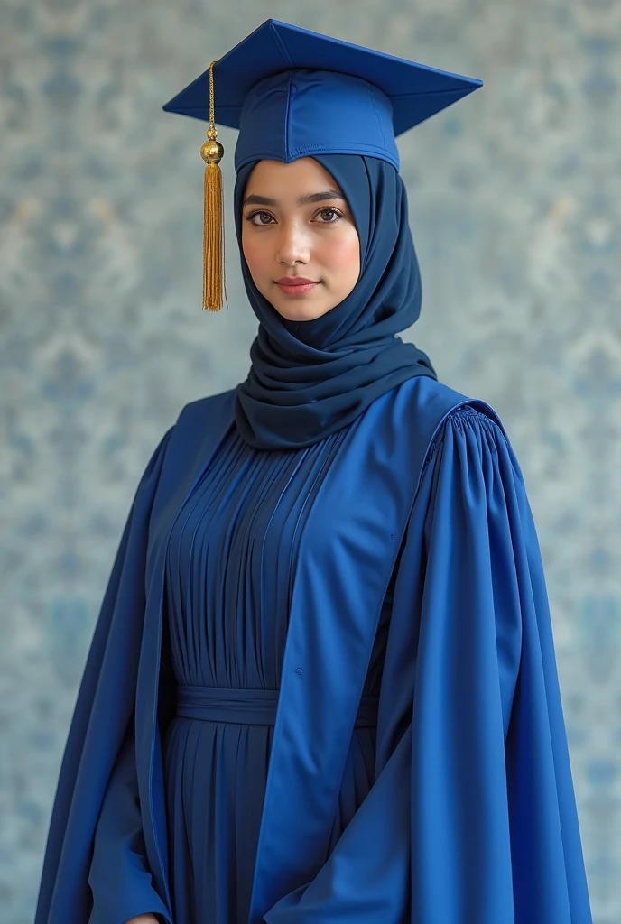 Islamic woman wearing white dress and black and blue graduation gown now add blue graduation stole that is written 2024 and mastered it with gold
